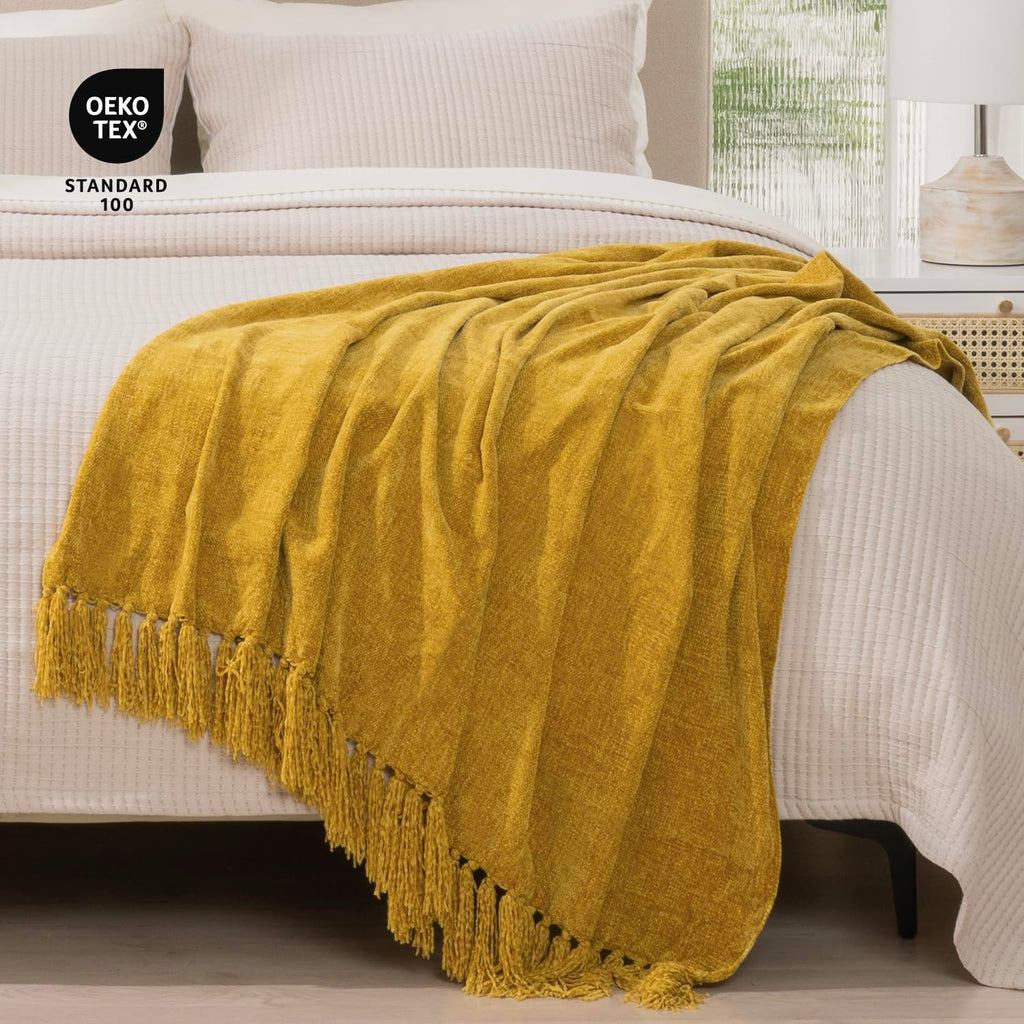 Chenille Throw Blanket for Couch, 50"x60", Mustard Yellow