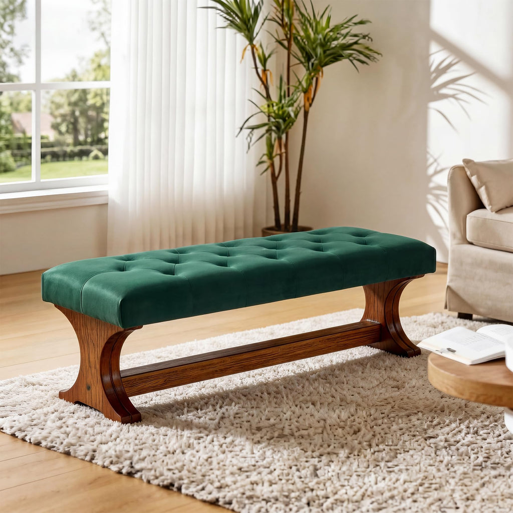 55" Upholstered End of Bed Bench, Solid Wood Tufted Entryway Bench, Farmhouse Ottoman with Cushion, Foot of Bed