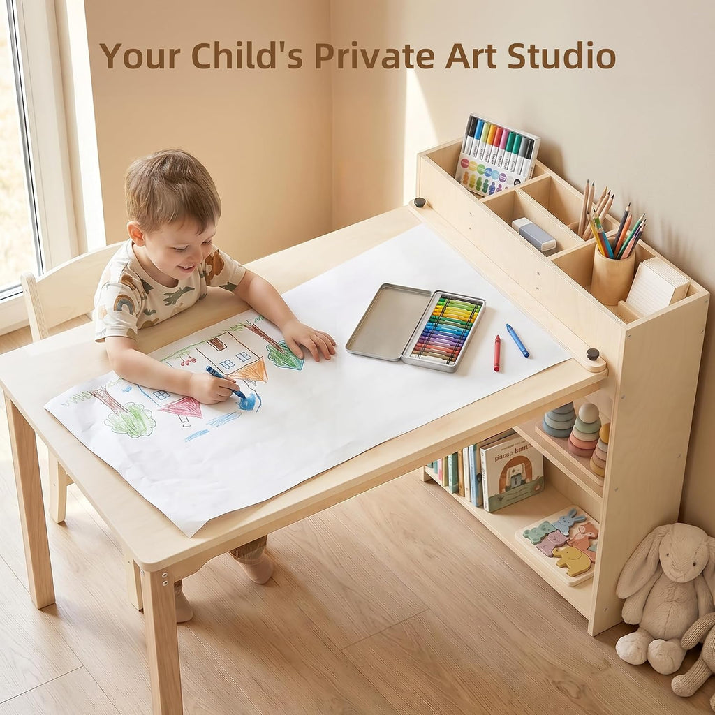 Kids Table and Chair Set, Wooden Toddler Activity Table with Storage Cabinet, Birch Art Desk for Drawing, Crafts