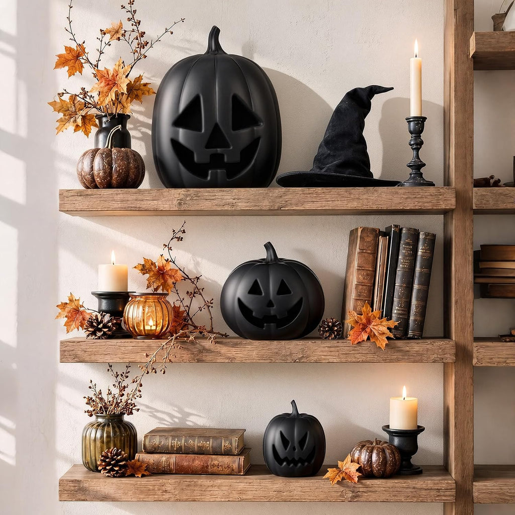 Resin Halloween Pumpkin Decor Pumpkin Lantern, Black - Set of 3