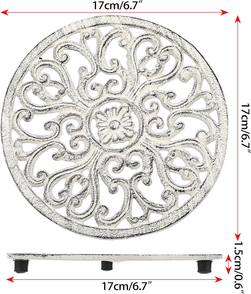 Round Cast Iron Trivets - 6.7 Inch Heat Resistant Iron Trivets for Hot Dish Pot Pan Plate Teapot, Rustic Cast - Set of 2