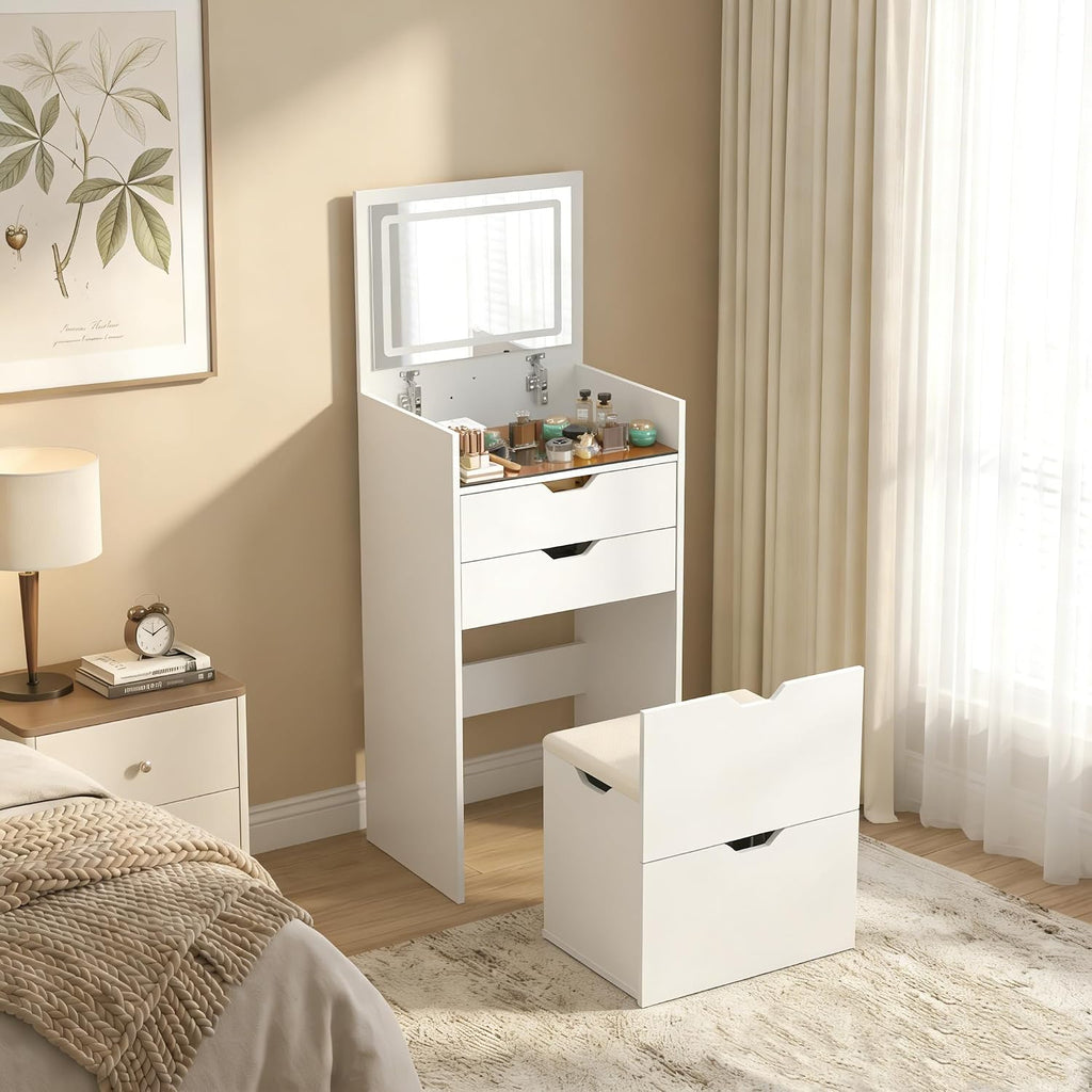 3-in-1 Vanity with Mirror and Lights, Modern Compact Vanity Table with 3 Storage Drawer, Small Makeup Vanity Desk