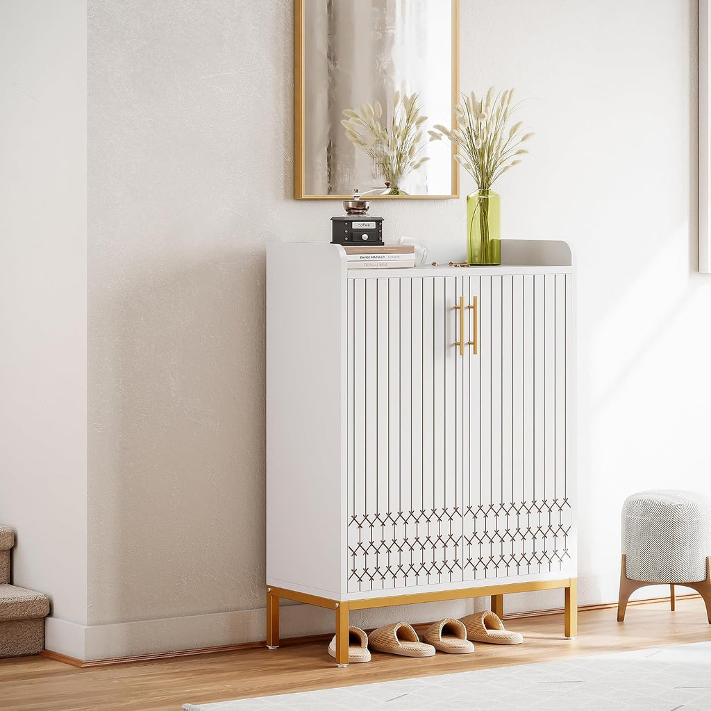 5-Tier Shoe Cabinet with Carved Lines Doors, Large Wooden Shoe Storage Cabinet with Adjustable Shelves, Modern
