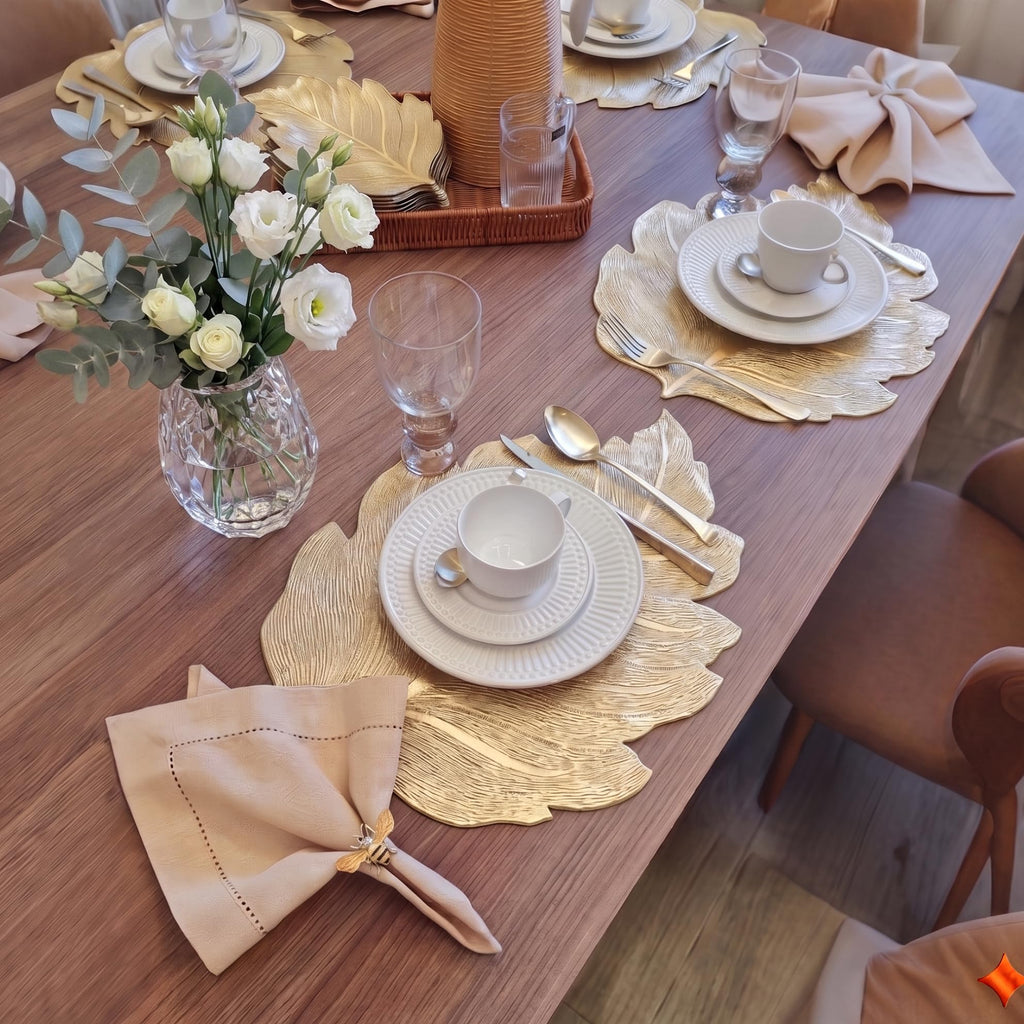 Gold Vinyl Placemats Set of 6, Washable Leaf Patterned Table Mats