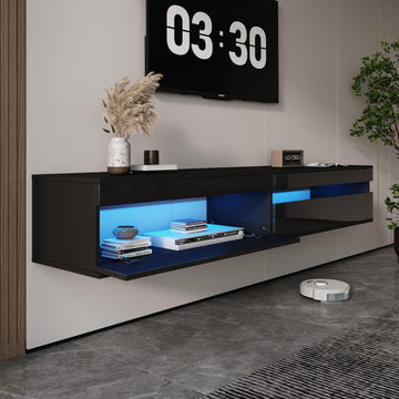 Solid Wood Floating TV Stand with LED Lighting & Power Outlet, 71" High-Gloss Entertainment Center Wall Mounted with