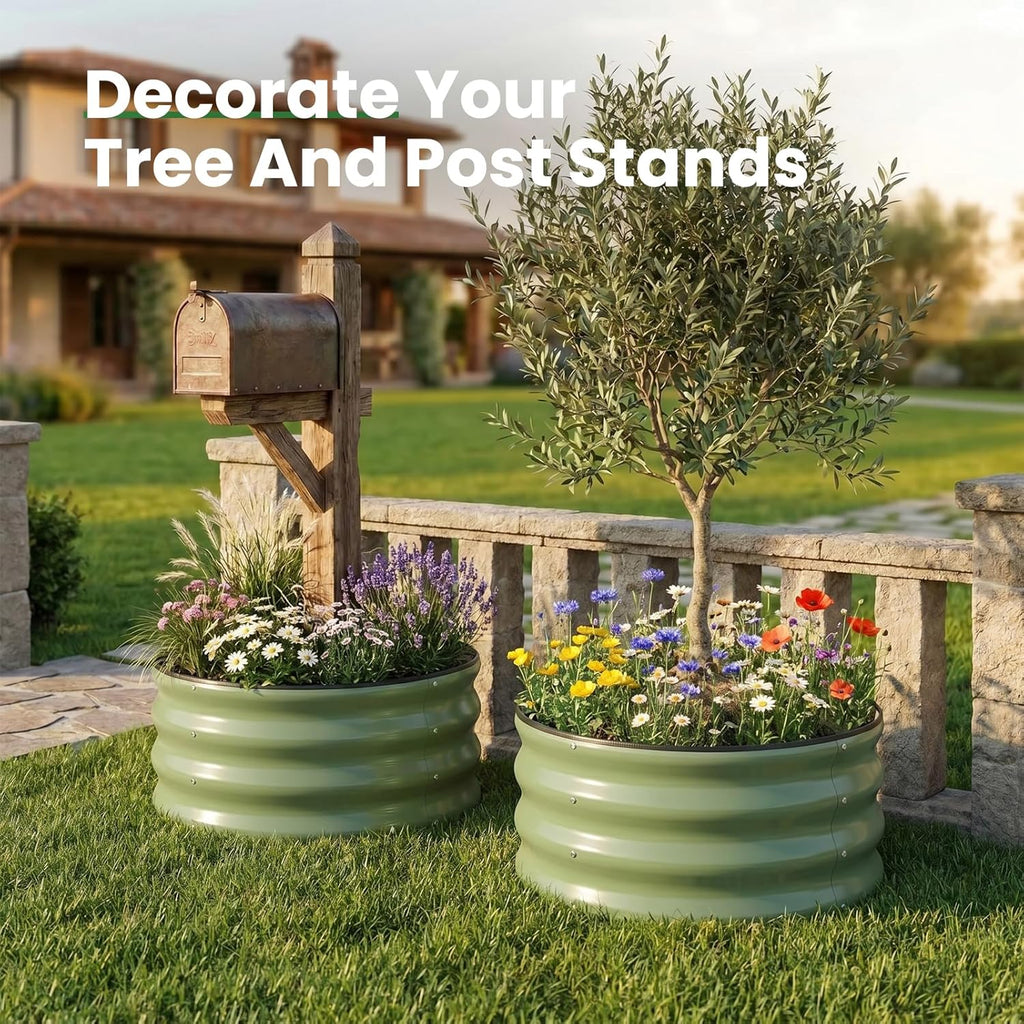 4 Pcs Round Raised Garden Bed Outdoor, 2x2x1ft, OliveGreen | Circle Garden Bed, Galvanized Raised Planter Box for