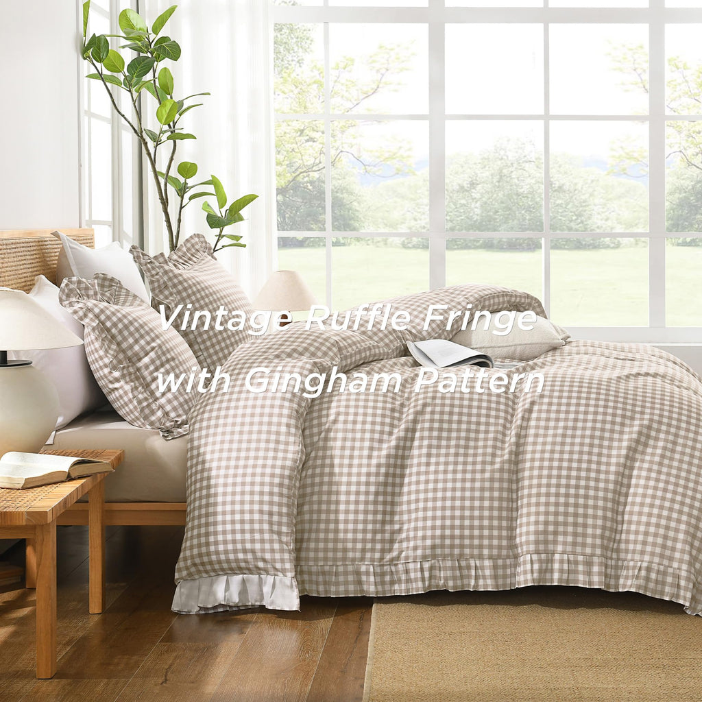 Tan Gingham Duvet Cover, Ruffle Shabby Chic Bedding Set 3 Pcs