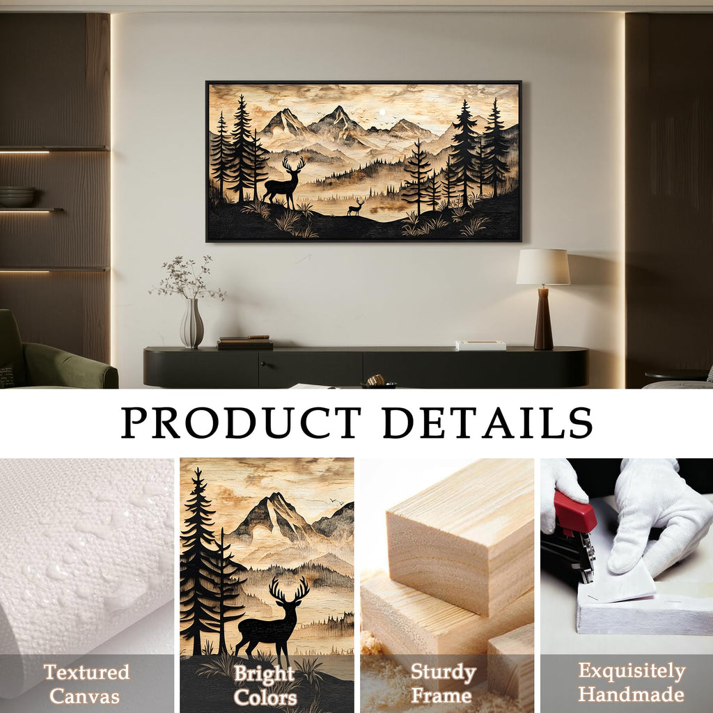Framed Forest Wall Art, Deer Rustic Landscape Wall Decor 20"x40"