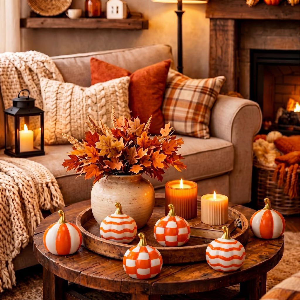 6 Pcs Orange Checkered Stripe Ceramic Pumpkins Fall Centerpiece