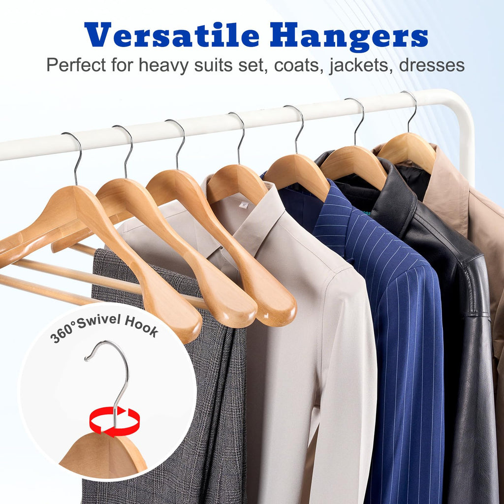 Wide Shoulder Wooden Hangers, Suit Hangers with Non Slip Pants Bar, Smooth Finish 360° Swivel Hook High-Grade Solid