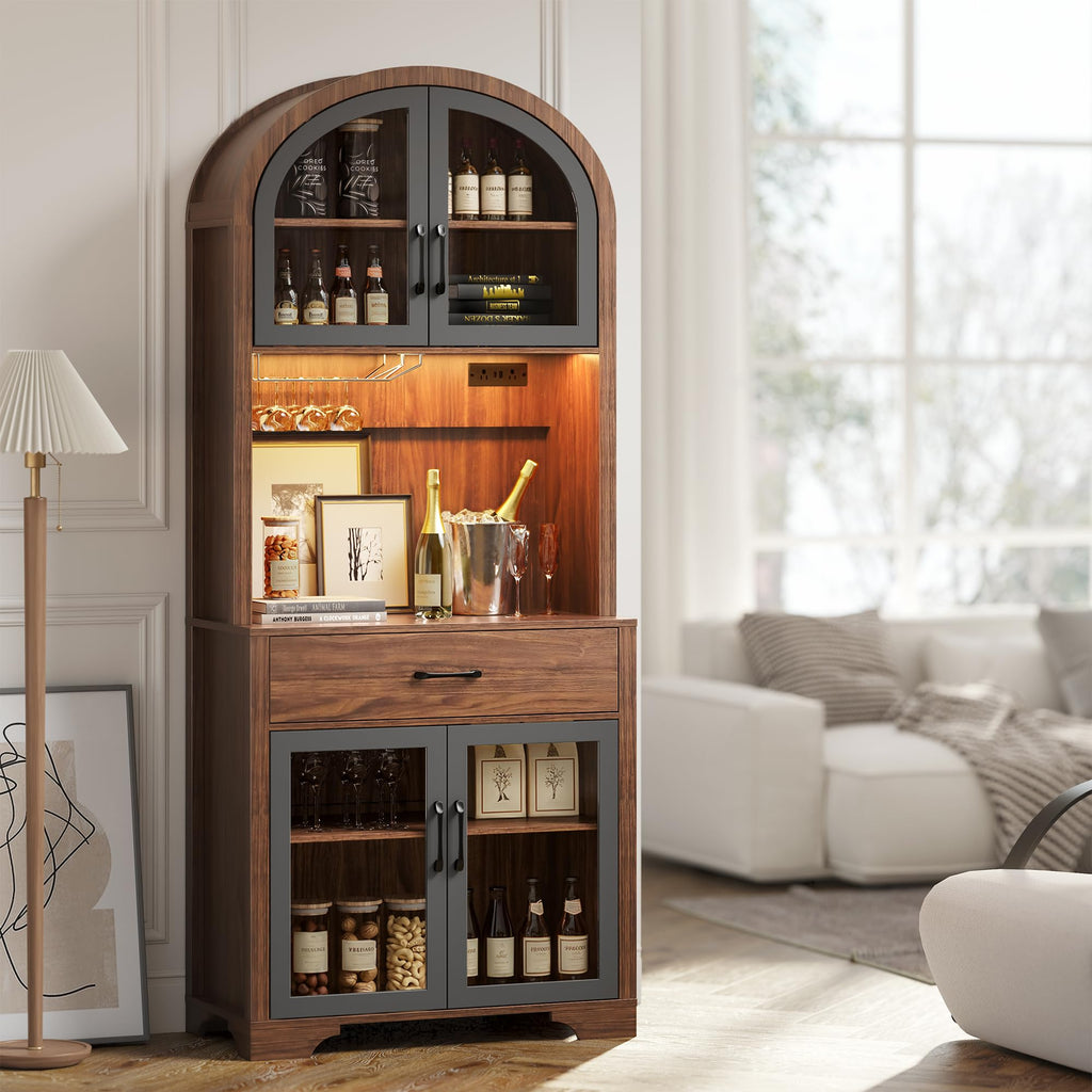 75" Arched Kitchen Pantry Cabinet, Coffee Bar Hutch Cabinet