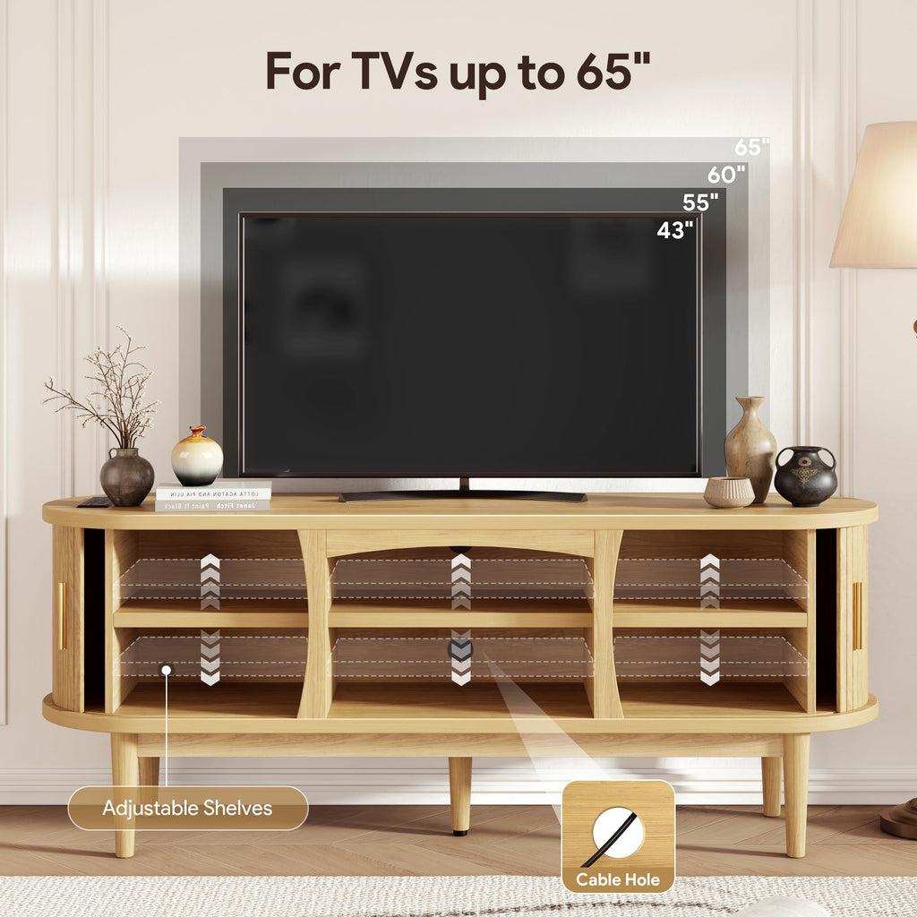 Mid Century TV Stand for TVs up to 65 Inches, Entertainment Center with Storage, Power Outlet, Fluted Sliding Doors &