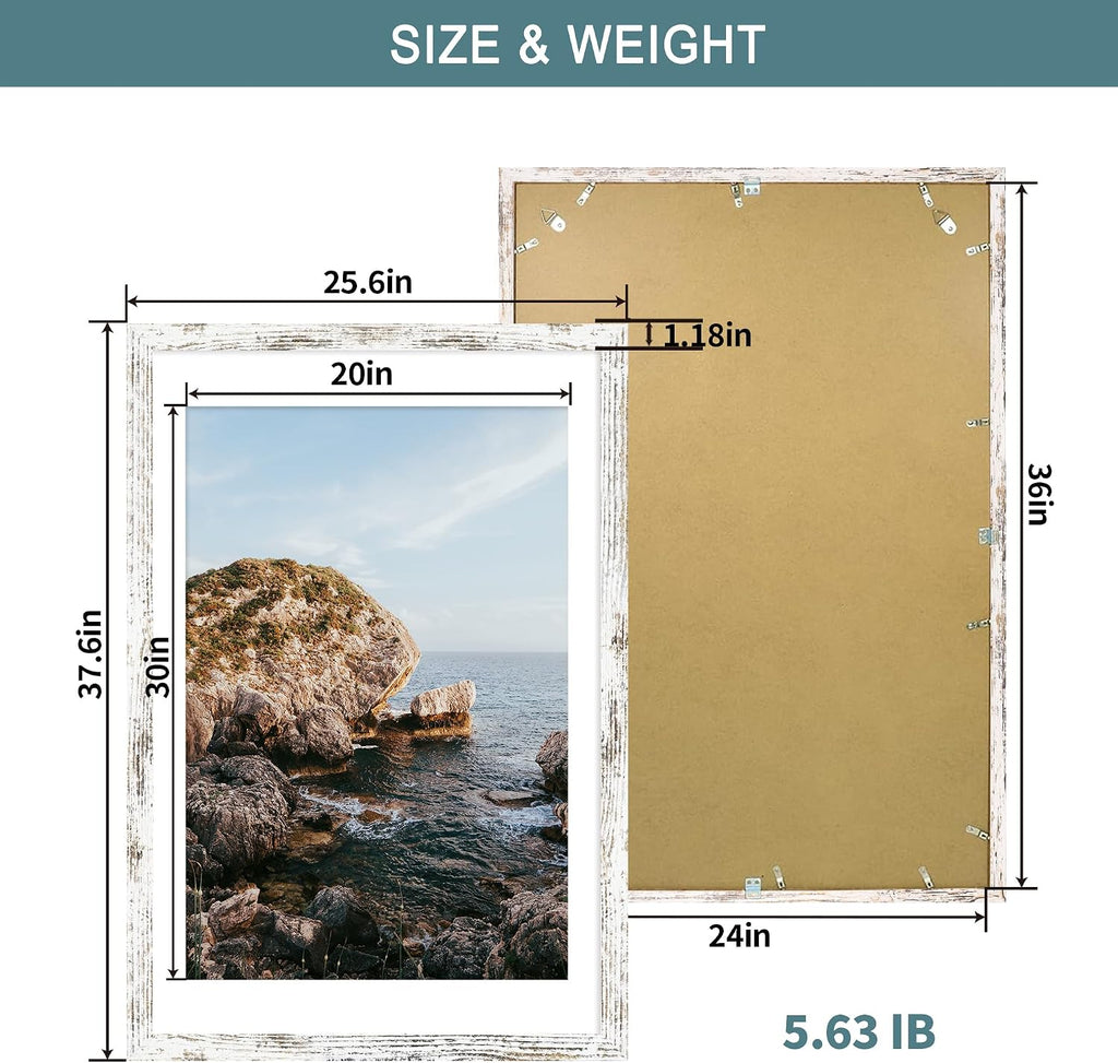 24x36 Poster Frame Set of 2 with Plexiglass, Distressed White Wood Frames Display 20x30 Picture with Mat or 24 x 36