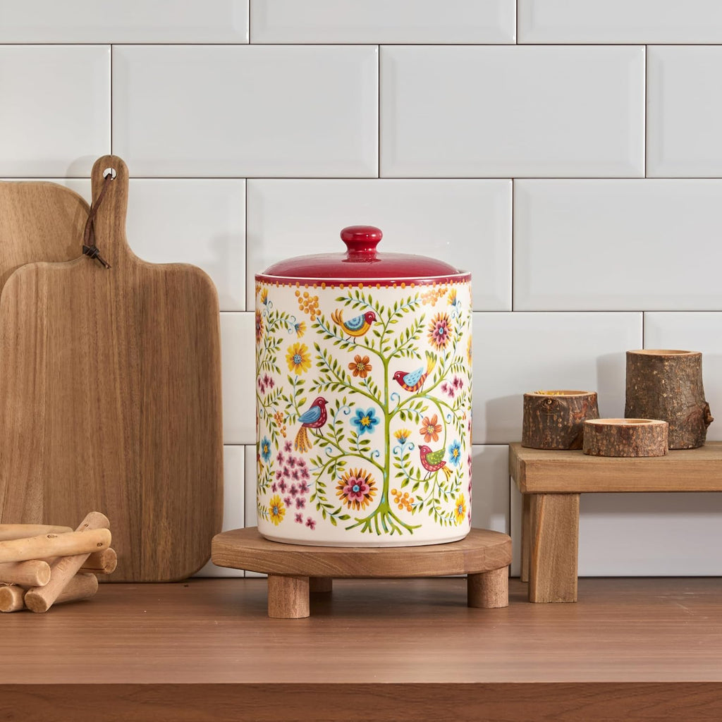 Red Spring Bird Ceramic Air Tight 9 inch Cookie jar, for holding coffee, powder, tea, spices, Microwave