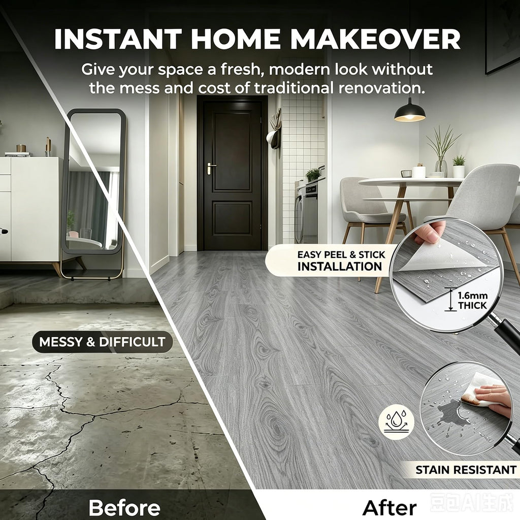 Wood Peel and Stick Tile,Waterproof Vinyl Roll Flooring (Grey)