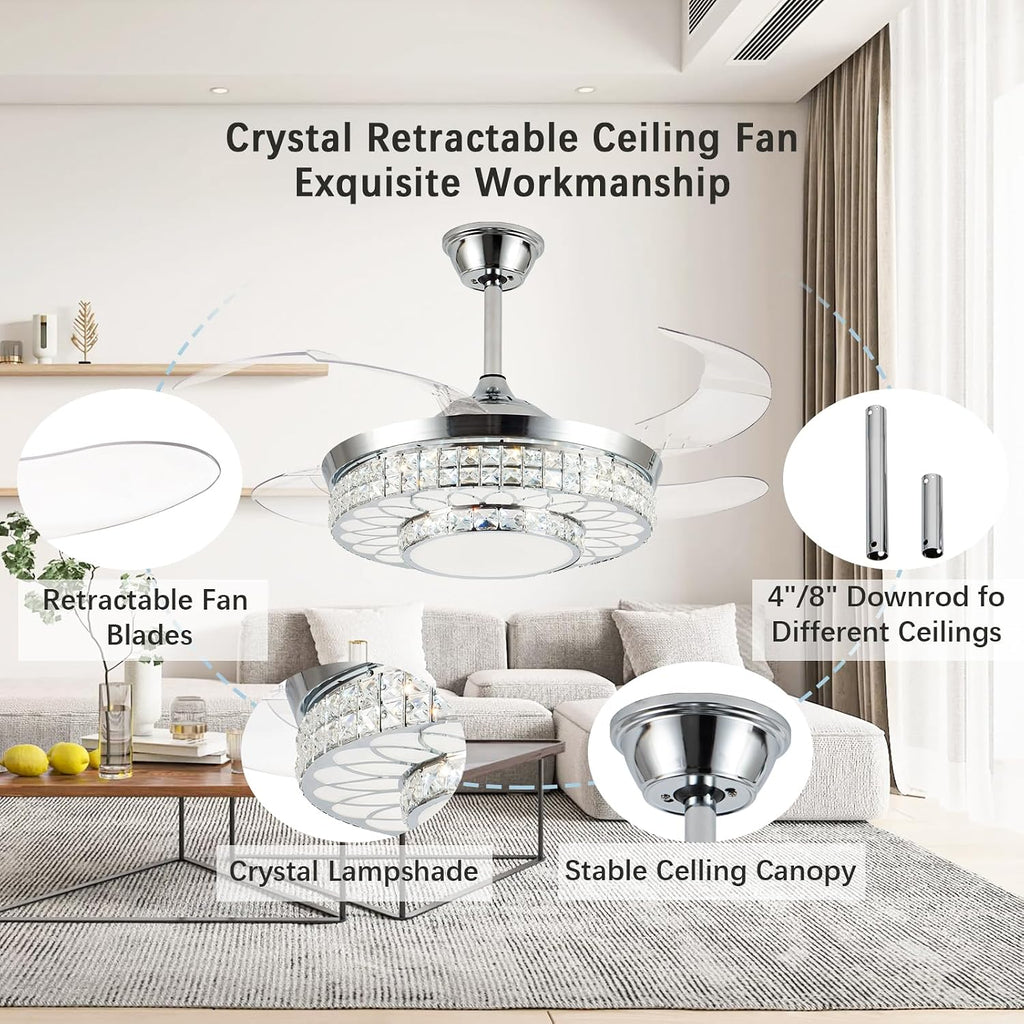 42" Retractable Ceiling Fans with Lights, Crystal Chandelier Ceiling Fan with Remote & APP Control, Modern Dimmable