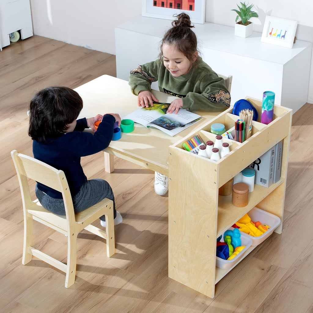 Kids Art Table and Chair Set, Birch Wooden Activity Craft Table, Kids Drawing Table, Toddler Desk with Storage and 1