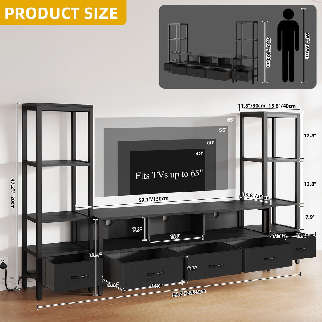Industrial LED TV Stand for 65 Inch TVs, Bookshelves, Black
