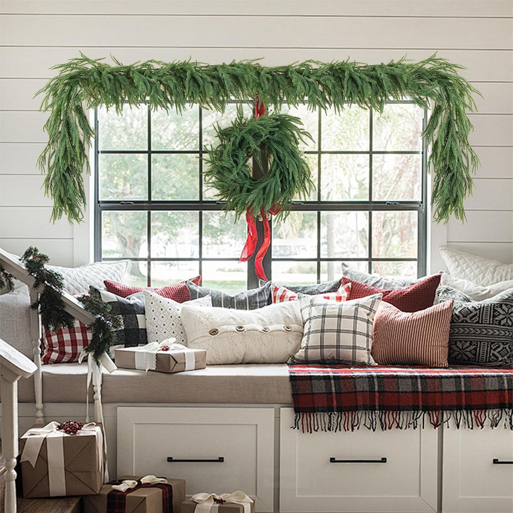 9FT Artificial Norfolk Pine Garland, Realistic Christmas Greenery Garland for Mantle, Staircase, Banister, Fireplace - Set of 9