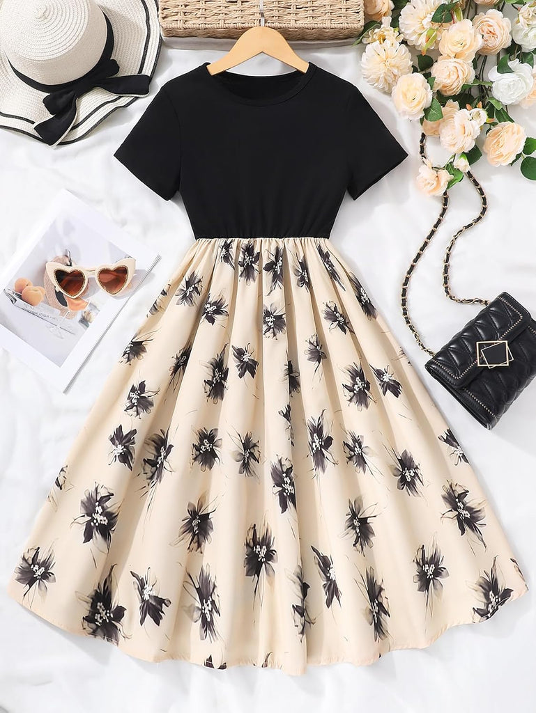 NEW Girls Elegant Dress Short Sleeve A-Line Floral Midi Party Special Occasion