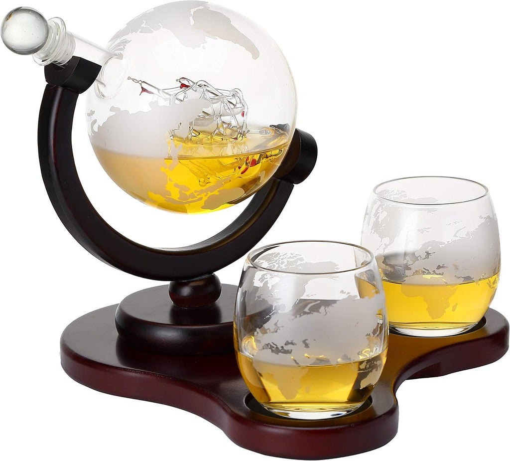Whiskey Globe Decanter Set with 2 Glasses in Gift Box - Whiskey decanter for Liquor, Whiskey, Brandy, Gin, Rum - Set of 3