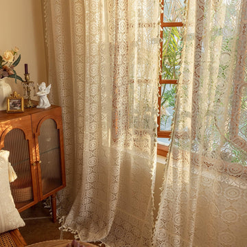 Boho Lace Curtains 84 inches Long 2 Panels-Vintage Floral Crochet Sheer Panels with Tassel Bedroom Light Filtering