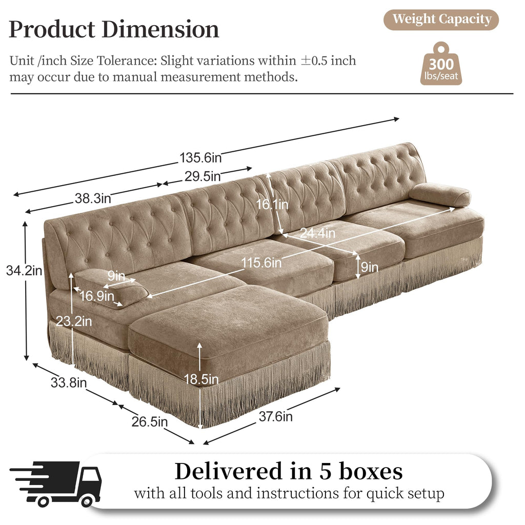 136" L-Shaped Velvet Chesterfield Style Modular Sectional Sofa, Oversized Button Tufted 4-Seater Couch with 1 Ottoman