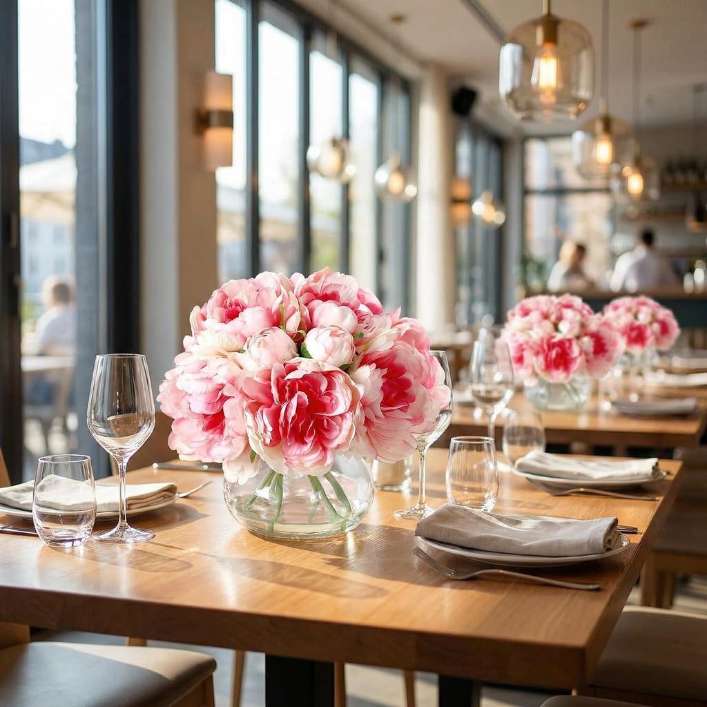 Artificial Peonies Flowers with Vase, Mixed Pink Silk Peony Bouquet with Faux Water in Glass Vase, Lifelike Fake