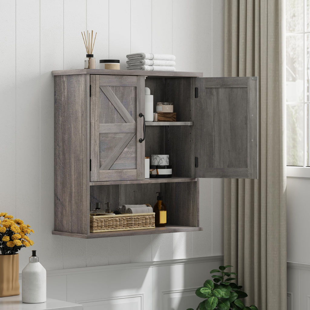 Farmhouse Bathroom Cabinet Wall Mounted, Washed Grey Small Medicine Cabinet with Adjustable Shelf, Bathroom Cabinet