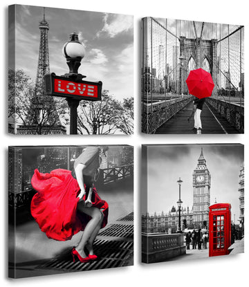 Red Paris Decor Black and White Wall Eiffel Tower Decor Red City Buildings Canvas Pictures Brooklyn Bridge London Big