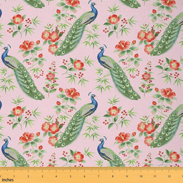 Peacock Print Soft Polyester, Green Leaves Washable Material for Handmade Supplies No Stretch Farmhouse Style Craft