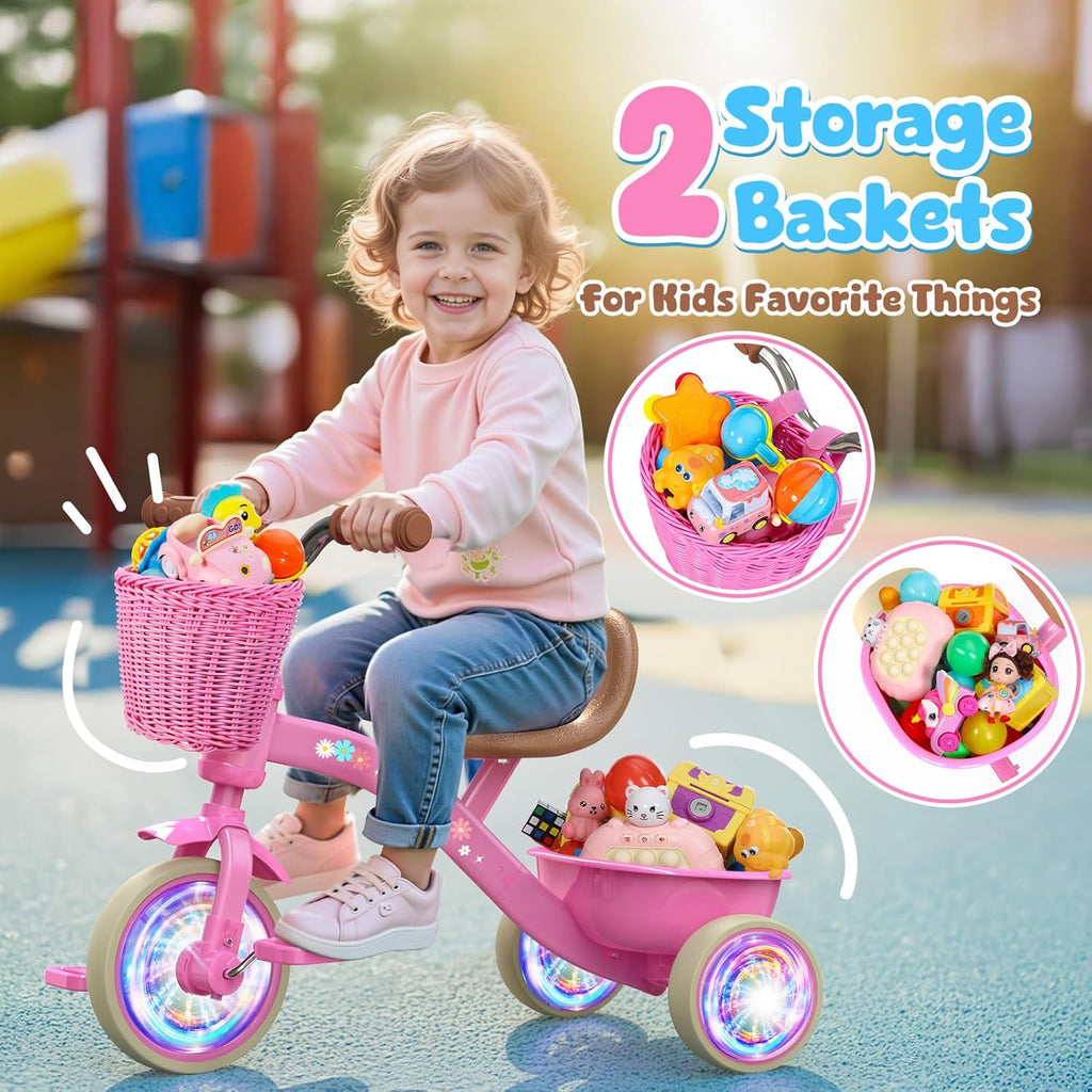 Toddler Tricycle for 1-3 3-5 Year Olds, 2 3 4 5 Year Old Girl Birthday Gifts, Pink Toddler Baby Bike, Outdoor Riding