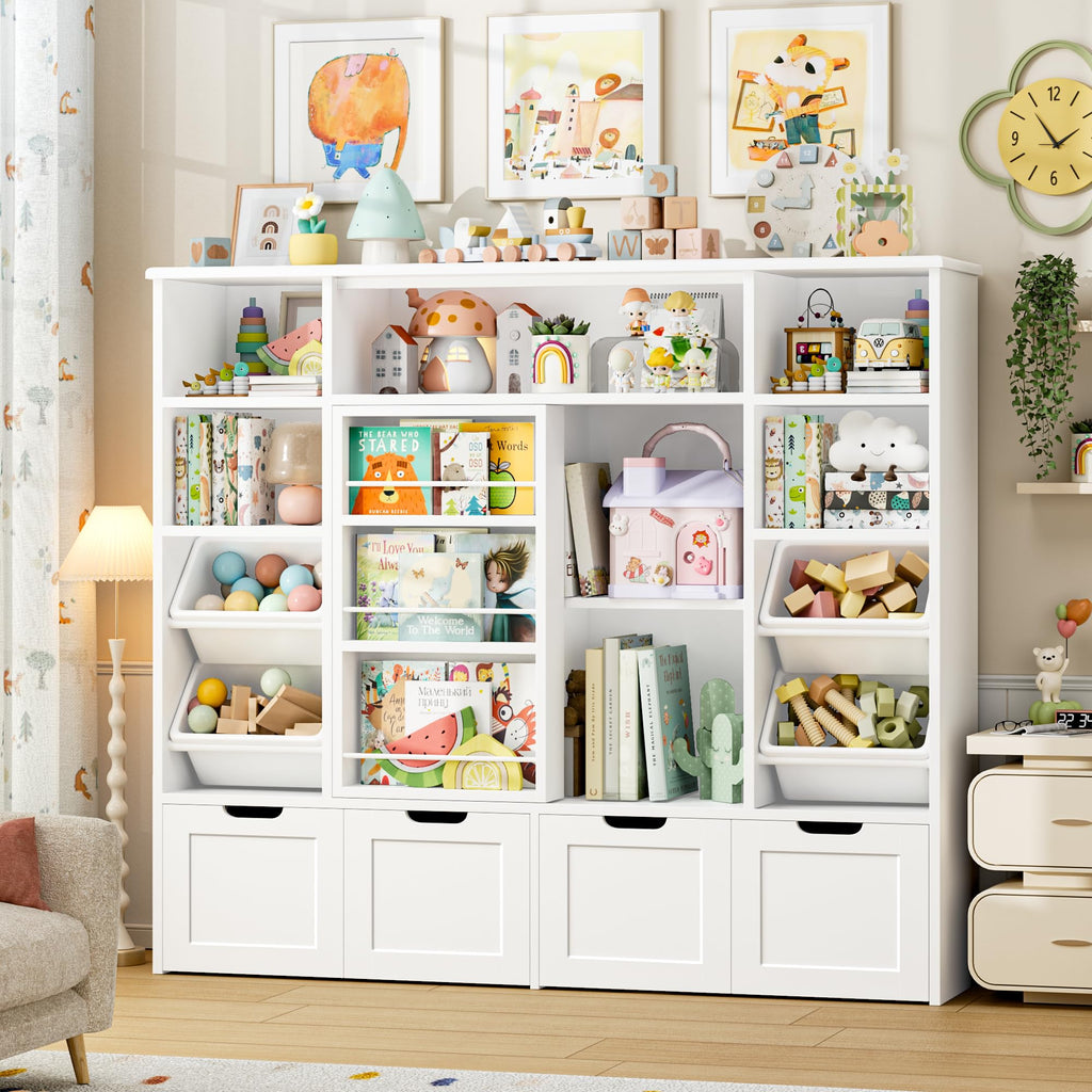 Toy Storage with Sliding Bookshelf, Toy Organizer with 4 Bins