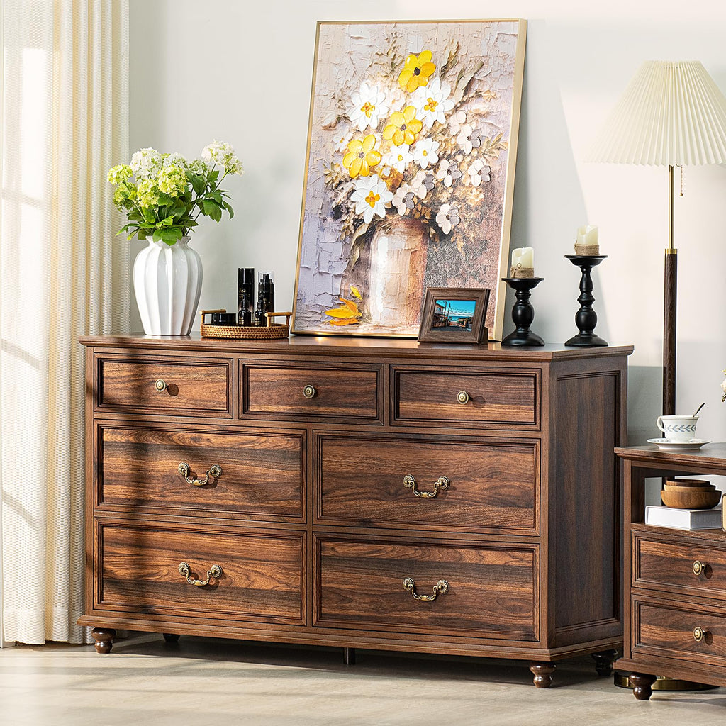Farmhouse 54" 7 Drawers Dresser, Vintage Wood Chest of Drawers w/ 4 Wooden Legs, Wide Closet Storage Dressers
