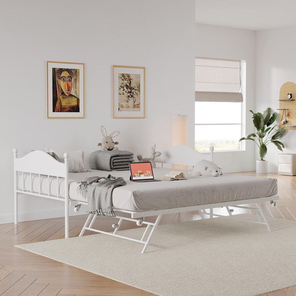 Daybed with Trundle, Metal Twin Size Day Bed with Stylish Headboard, Sofa BedFrame with Pop Up Foldable Trundle Bed
