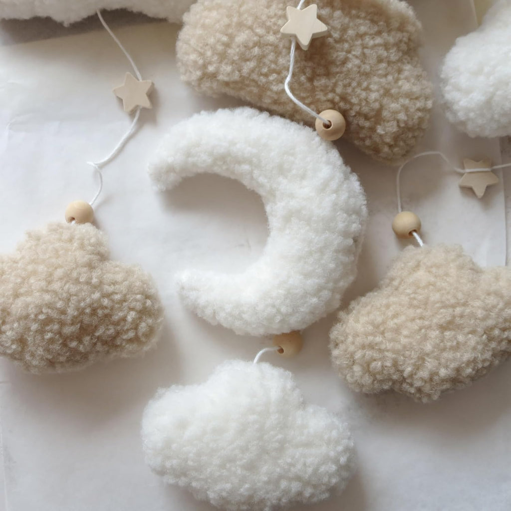Neutral Boho Cloud Mobile for Crib with Moon Neutral Baby Crib Mobile Boho Crib Mobile Boucle Baby Mobile for Crib