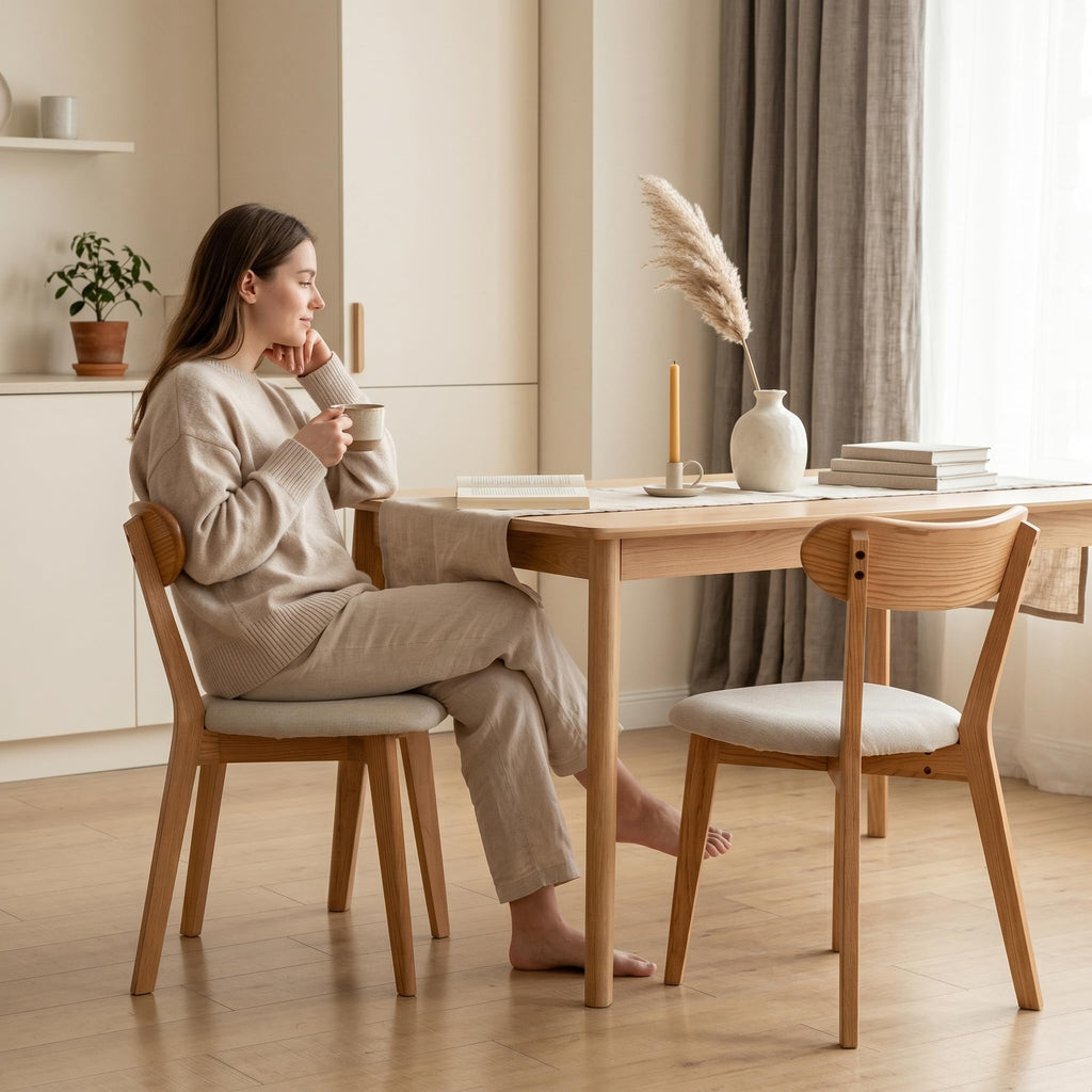 100% Solid Oak Dining Chairs Set of 2, Mid-Century Modern Dining Room Chairs, Wooden Kitchen Chairs with Beige