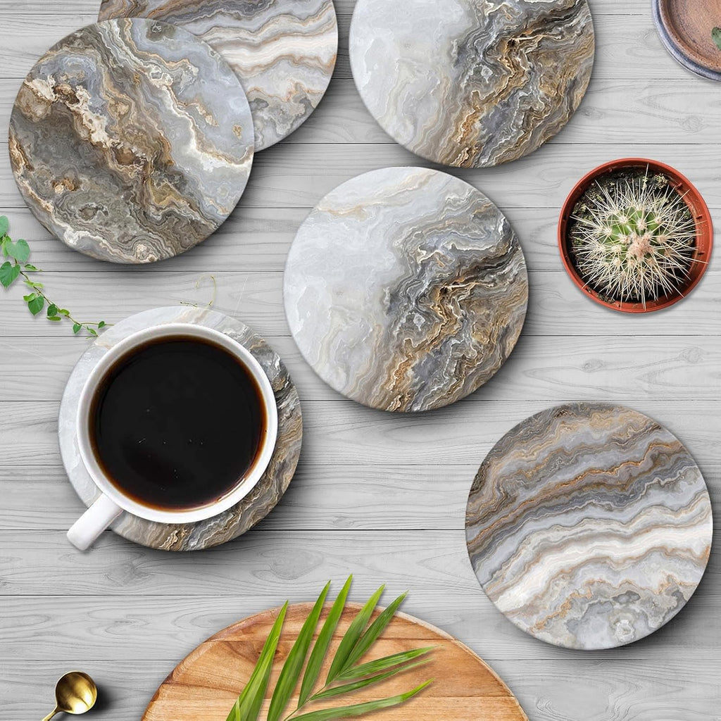 Coasters for Drinks, Ceramic Stone, Grey Marble - Set of 6