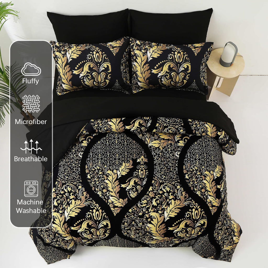 Black Gold Comforter Set California King Size, 7 Pieces Bohemian Damask Comforter Set Soft Lightweight Microfiber