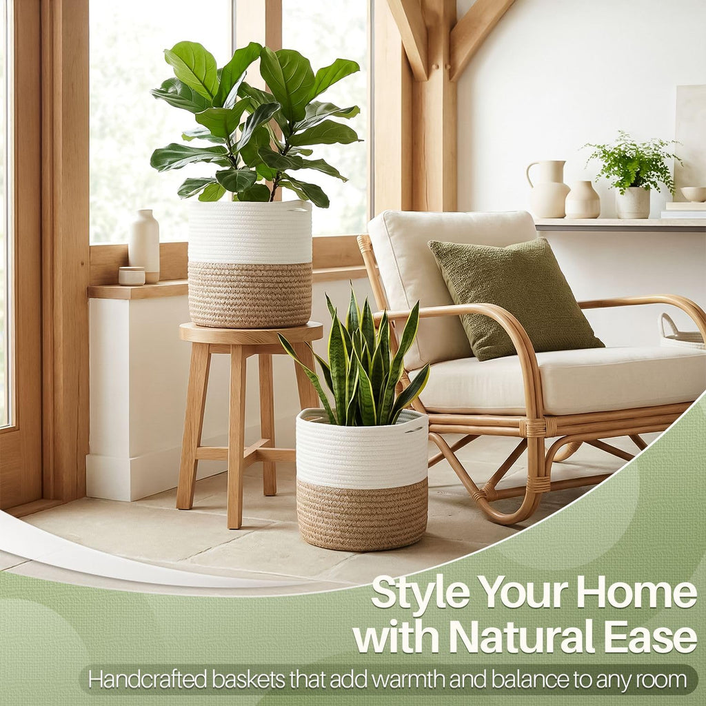 Plant Basket (2 Pack) Modern Urban Boho Rattan Cotton Rope Basket Indoor Planter Holder (Up to 10 Inch Flower Pot)