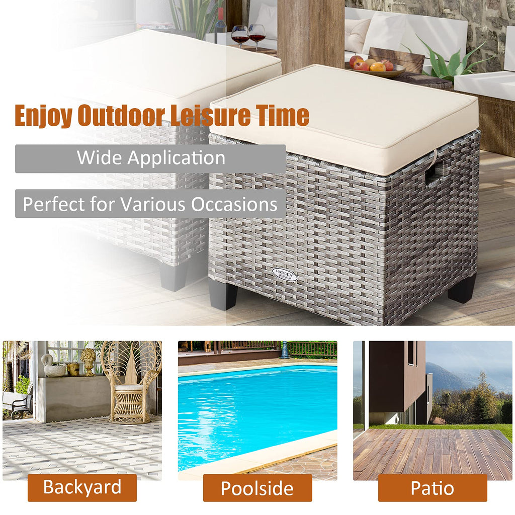 2-Piece Patio Rattan Ottomans - Outdoor Wicker Furniture w/ 2 Footrest Stools, Comfortable Cushions & Steel Metal