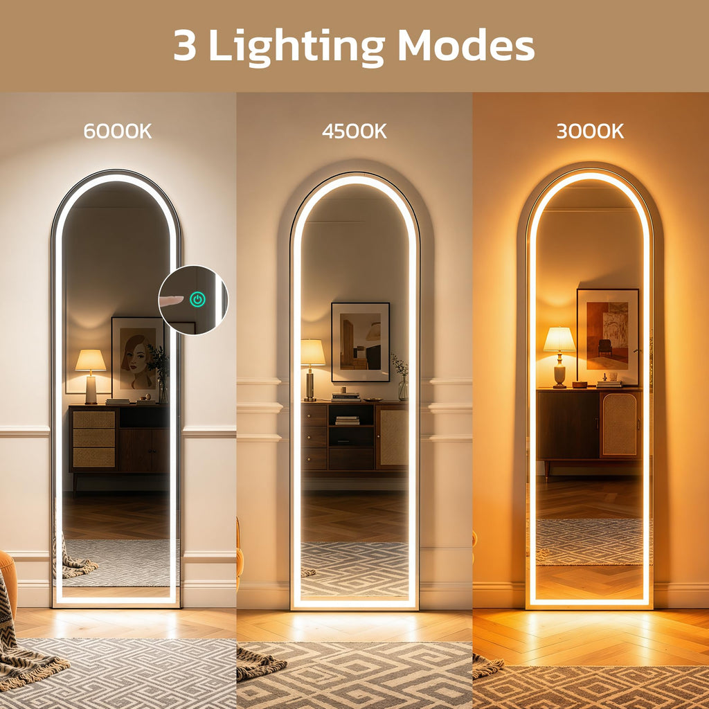 Full Length Mirror with LED Lights, 60"x16"Floor Mirror with Dimming & 3 Color Lighting, Free Standing Floor Mirrors