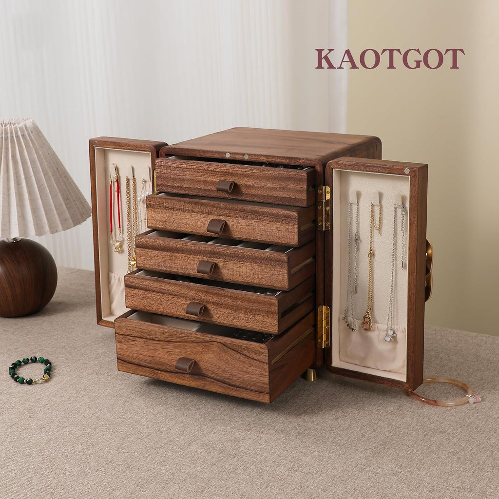 Wooden Jewelry Box for Women Girls, Large Walnut Wood Organizer