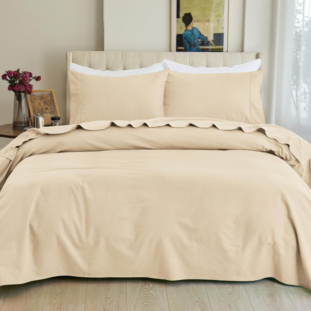 Soft 4-Piece 100% Turkish Cotton Flannel Sheet Set - Premium Quality, Deep Pocket Fitted Sheet, Ultra Soft, Cozy Warm