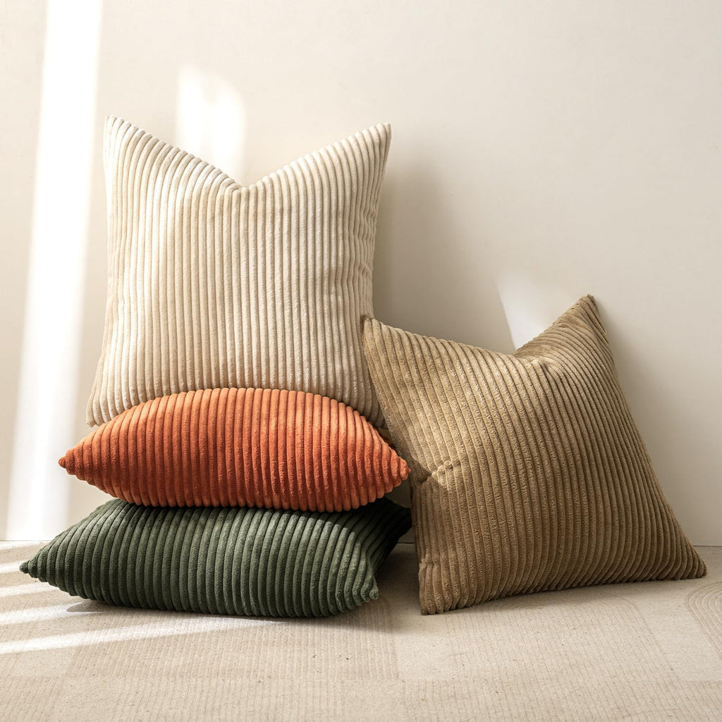 Fall Corduroy Decorative Throw Pillow Covers Rust-Olive Green 20x20