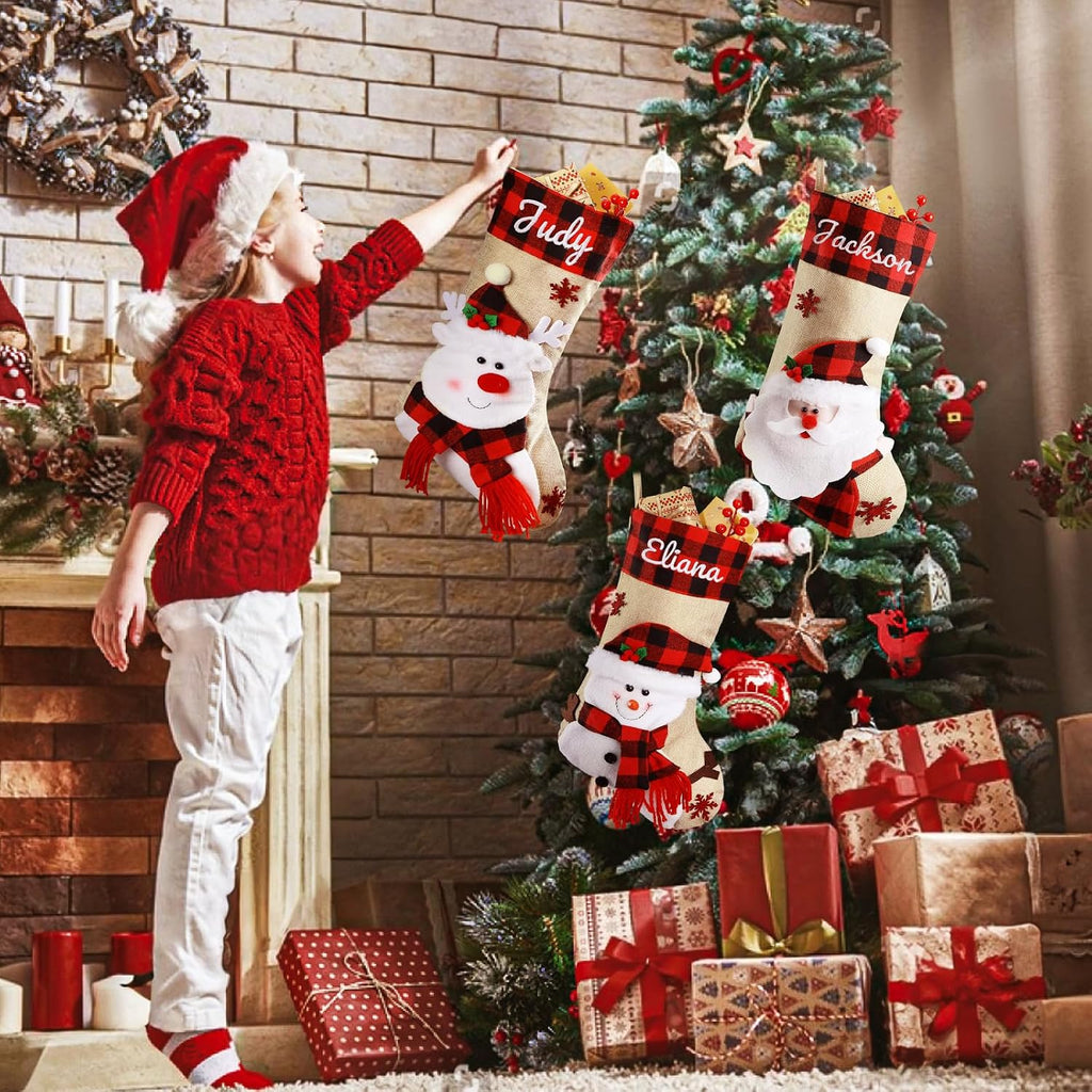 18.5'' Embroidery Christmas Stockings with Names, Burlap Plaid Stockings Xmas Decor Gifts for Family Kids Holiday