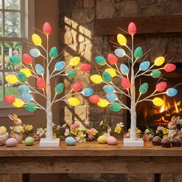 Set 24 Inch Lighted Easter Tree with 48 Eggs and Colorful LED Lights Easter Decoration Light up Artificial Birch - Set of 2