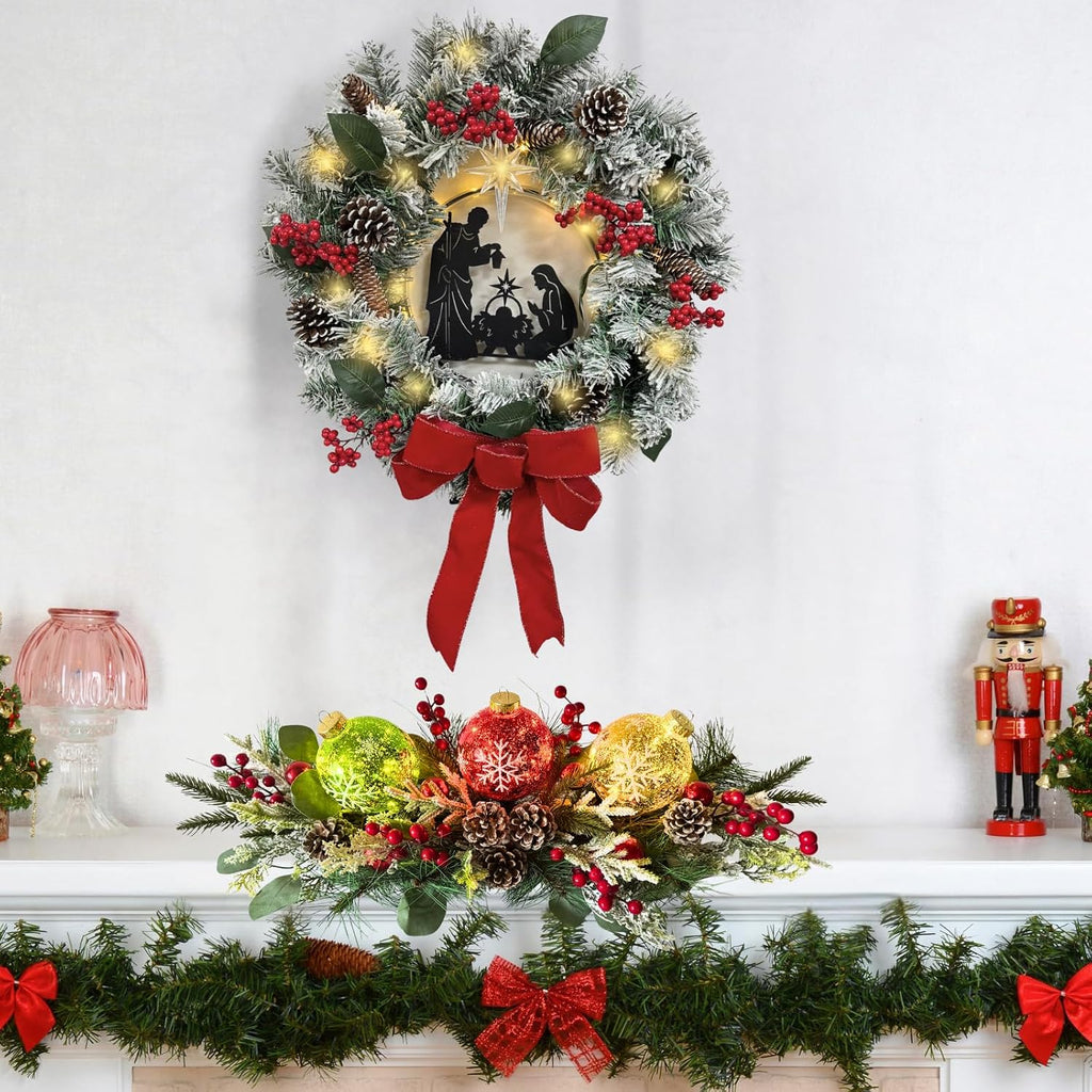 Lighted Christmas Centerpiece with 3 Snowflake Ball Ornaments