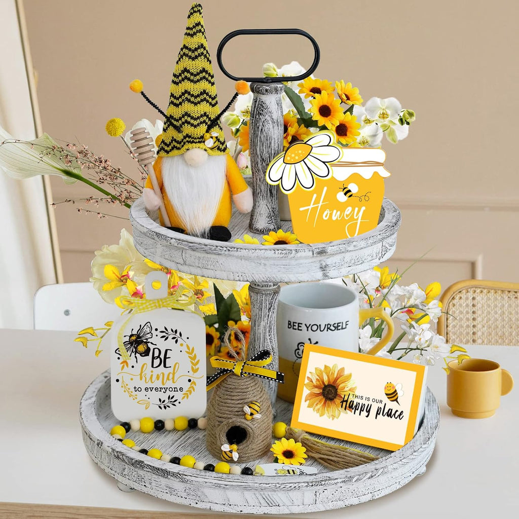 Bee Tiered Tray Decor Set, Summer Farmhouse Decor with Gnome, Bee Hive, Sunflower Wood Signs & Garland, Rustic - Set of 6