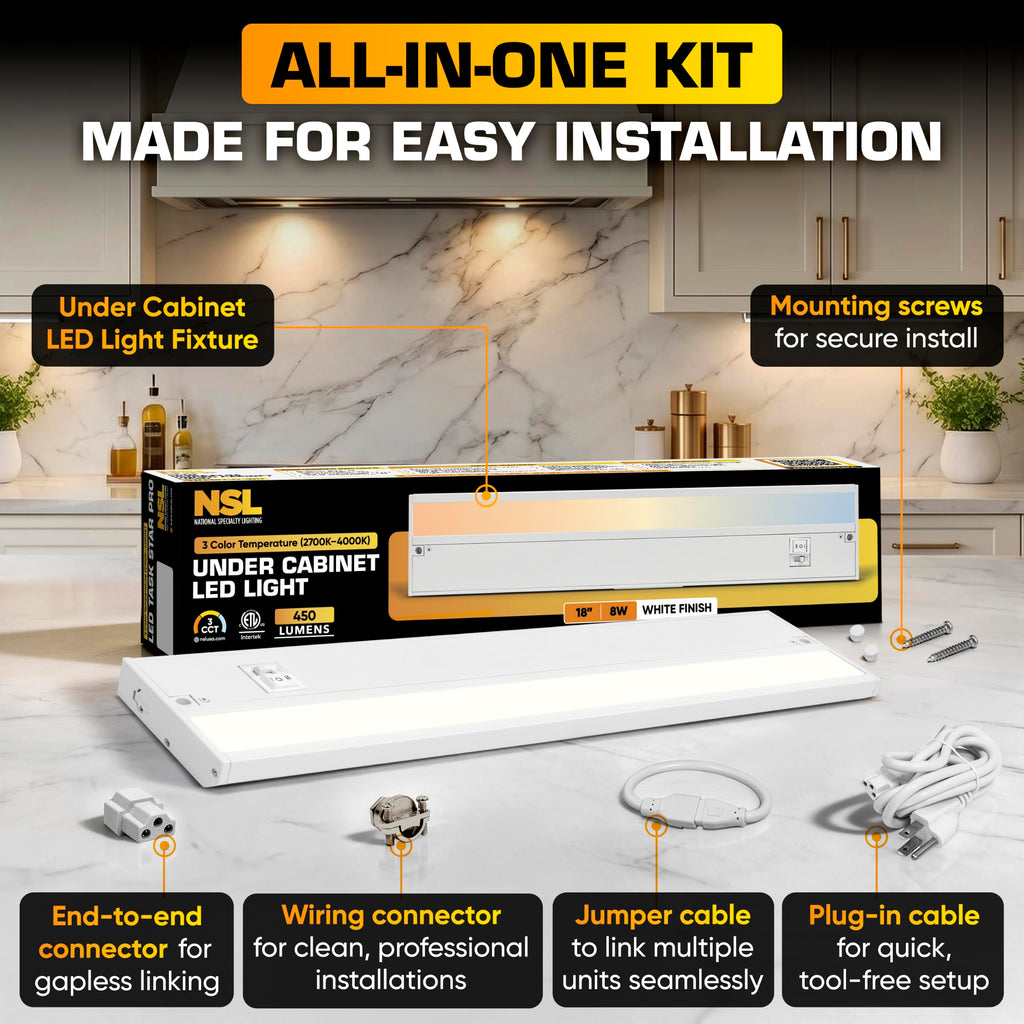 LED Under Cabinet Lighting Hardwired - 3CCT 18 Inch White Finish - Undercabinet Lights - Linkable Undercounter